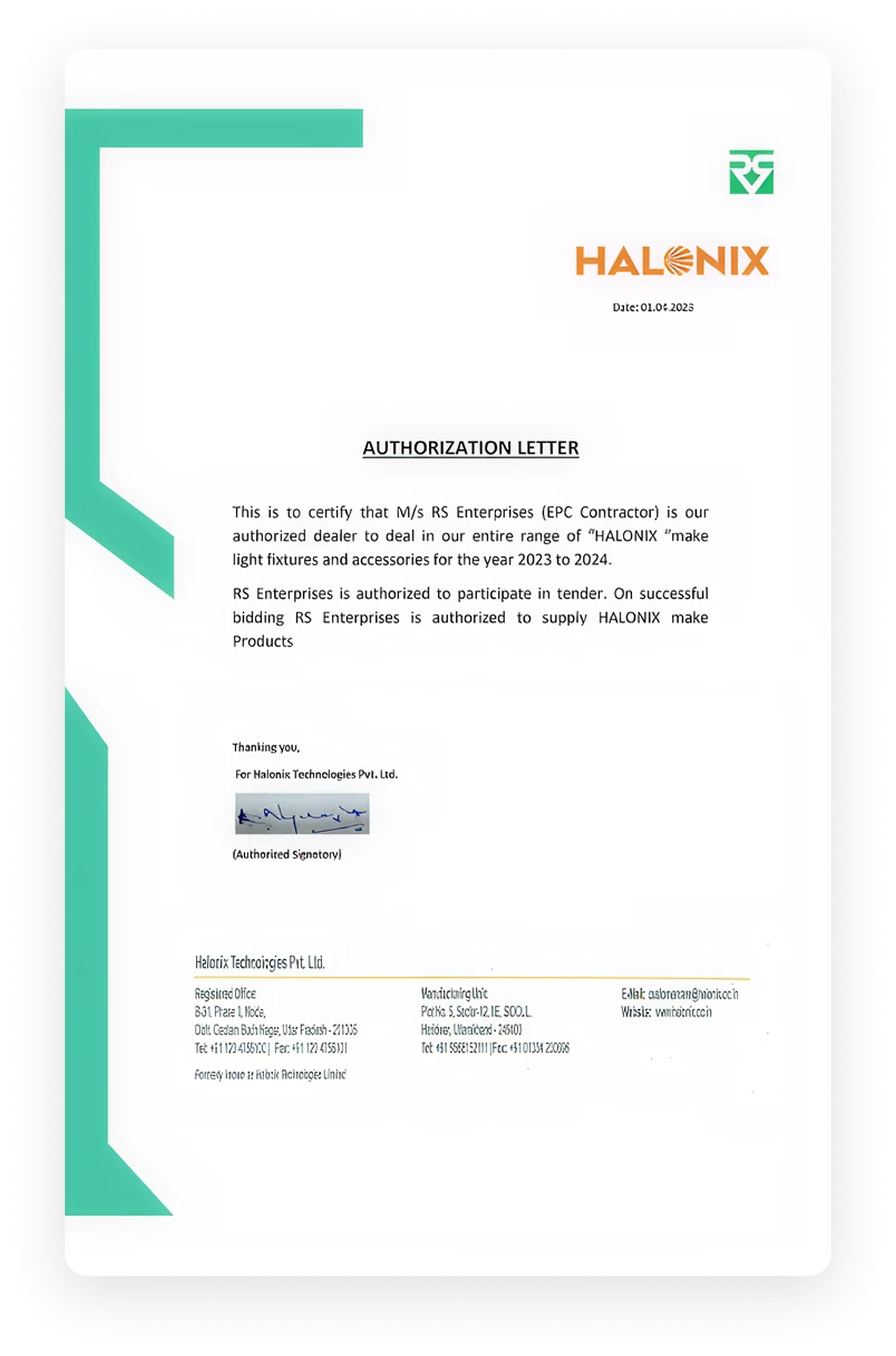 Halonix Certificate